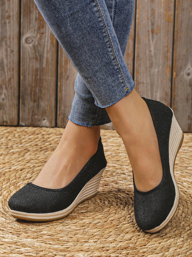 Women Minimalist Linen Fabric Wedge Heel Shallow Shoes