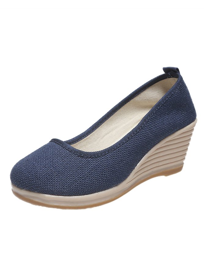 Women Minimalist Linen Fabric Wedge Heel Shallow Shoes