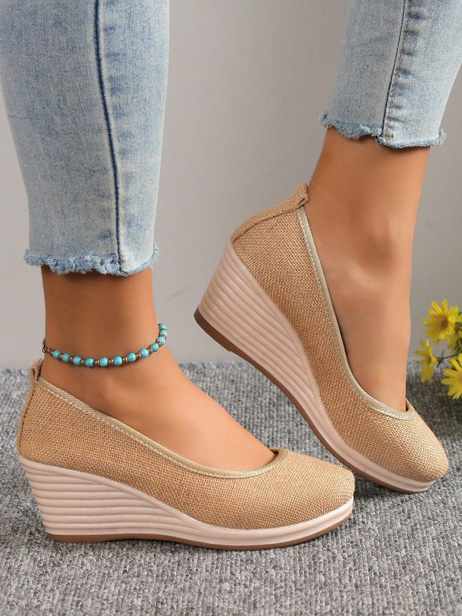 Women Minimalist Linen Fabric Wedge Heel Shallow Shoes