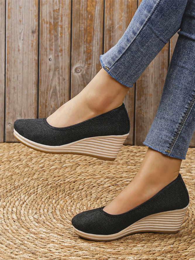 Women Minimalist Linen Fabric Wedge Heel Shallow Shoes