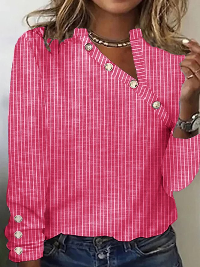 Plus size Asymmetrical Buttoned Casual Striped T-Shirt