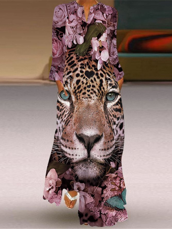 Casual Animal V neck Dress With No