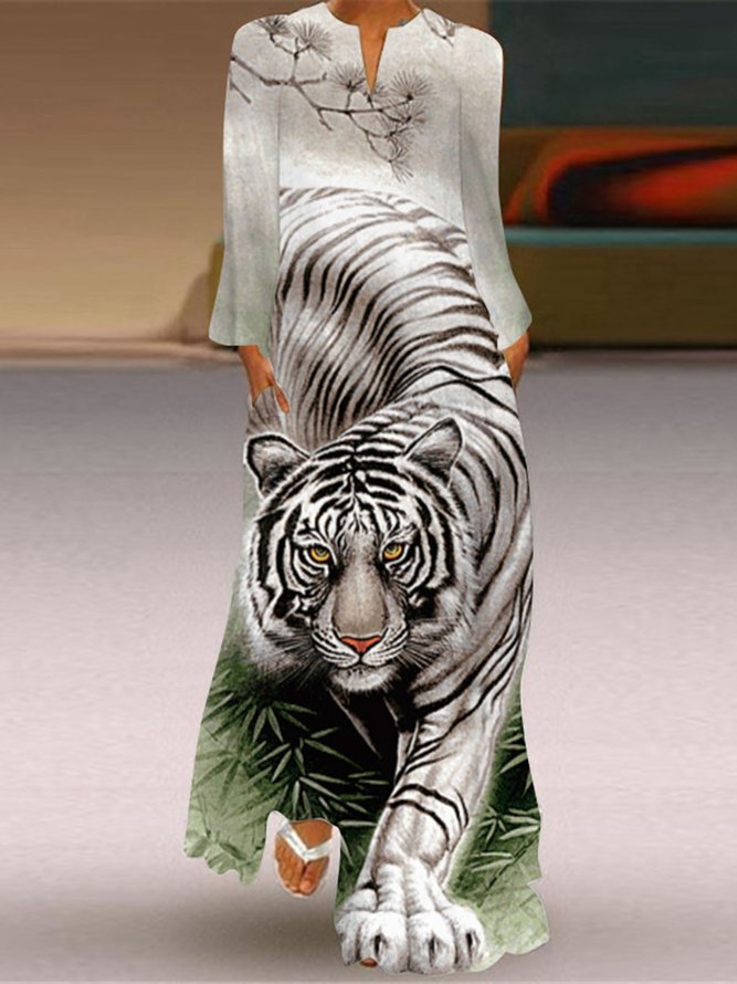 Casual Animal V neck Dress With No