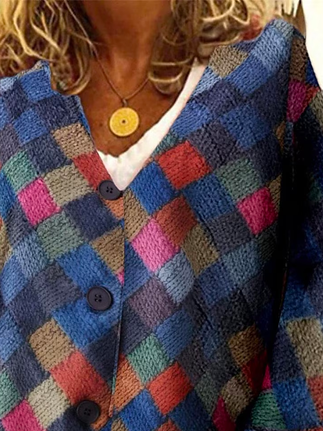 Color Block V Neck Buttoned Casual Cardigan