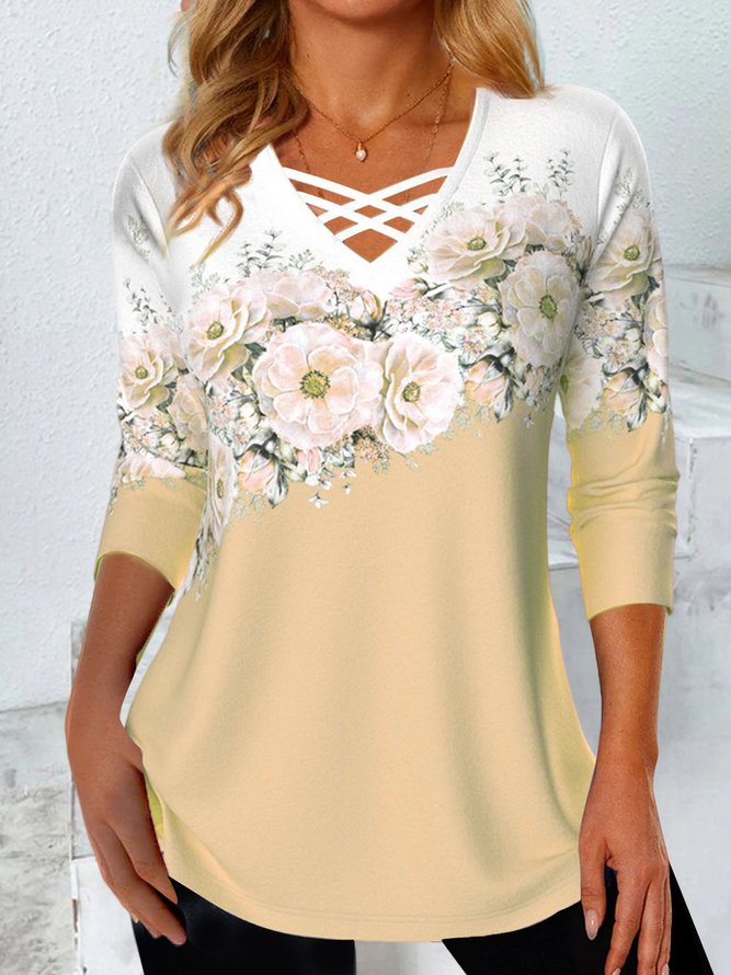 Contrasting Floral Loose Knit T-Shirt