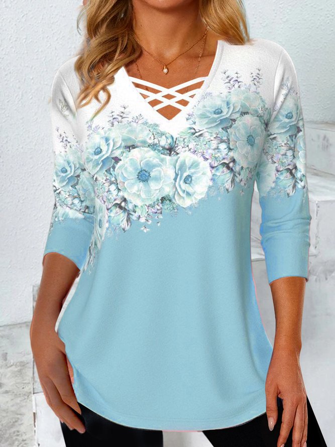 Contrasting Floral Loose Knit T-Shirt