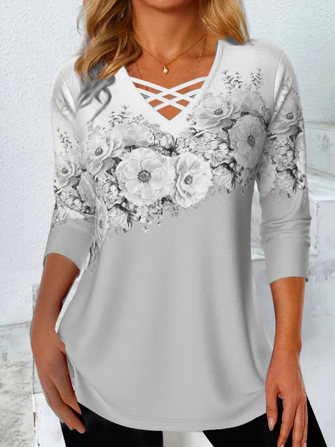 Contrasting Floral Loose Knit T-Shirt