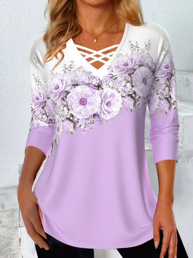Contrasting Floral Loose Knit T-Shirt