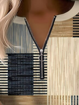 Casual Zipper Color Block V Neck Sweatshirt