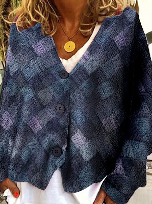 Color Block V Neck Buttoned Casual Cardigan