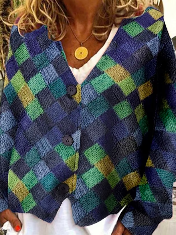 Color Block V Neck Buttoned Casual Cardigan
