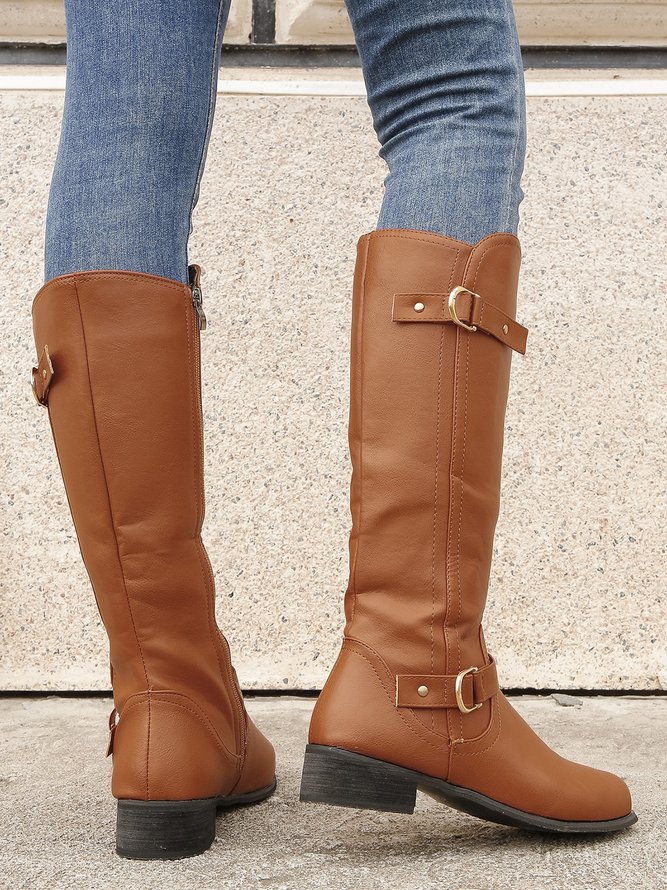 Vintage Buckle Decor Low Heel Riding Boots