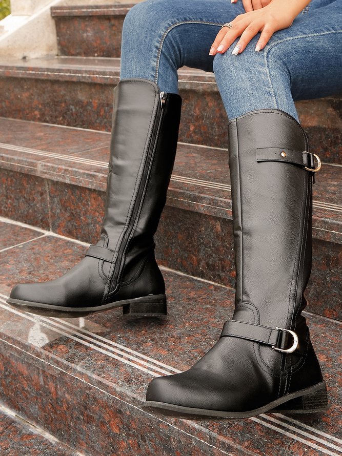 Vintage Buckle Decor Low Heel Riding Boots