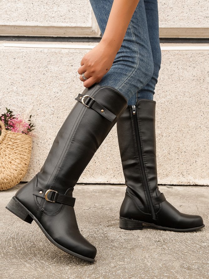Vintage Buckle Decor Low Heel Riding Boots