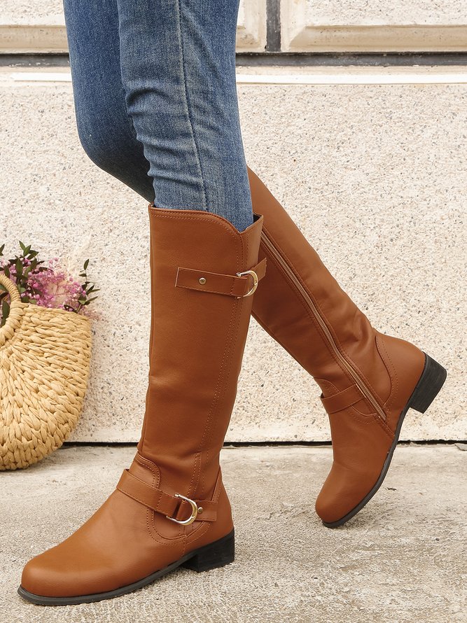 Vintage Buckle Decor Low Heel Riding Boots