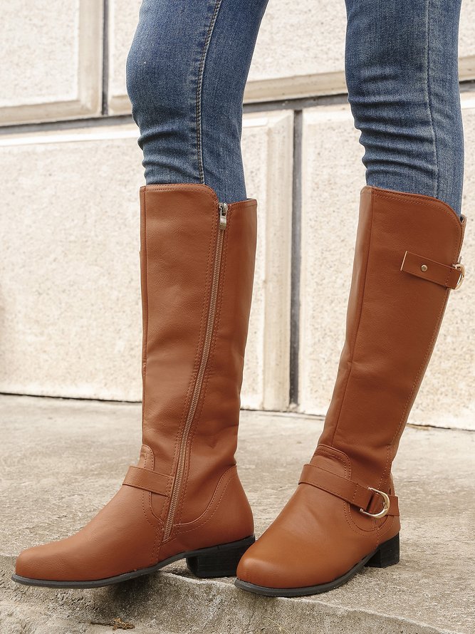 Vintage Buckle Decor Low Heel Riding Boots