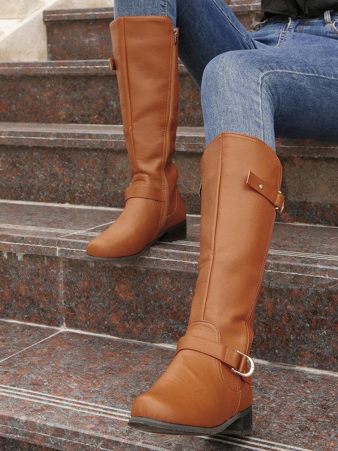 Vintage Buckle Decor Low Heel Riding Boots
