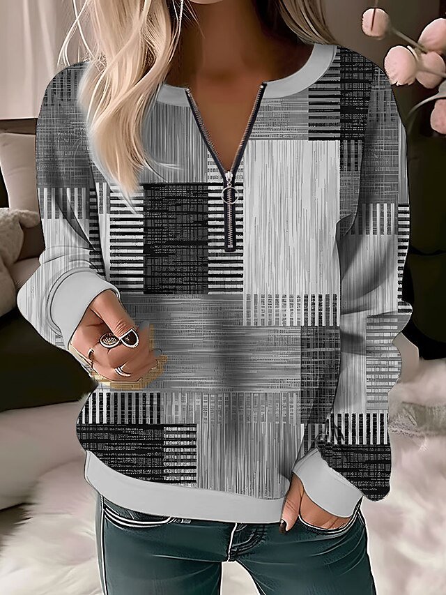 Casual Zipper Color Block V Neck Sweatshirt