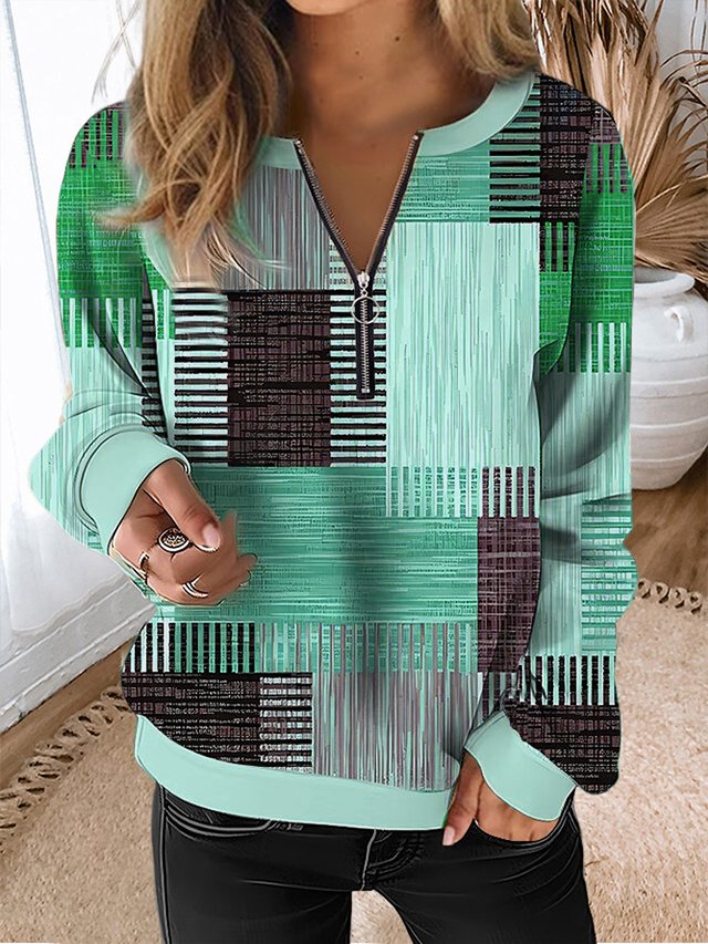 Casual Zipper Color Block V Neck Sweatshirt