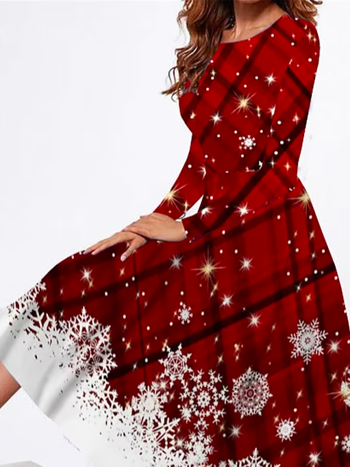 Loose Christmas Casual Crew Neck Plaid Dress