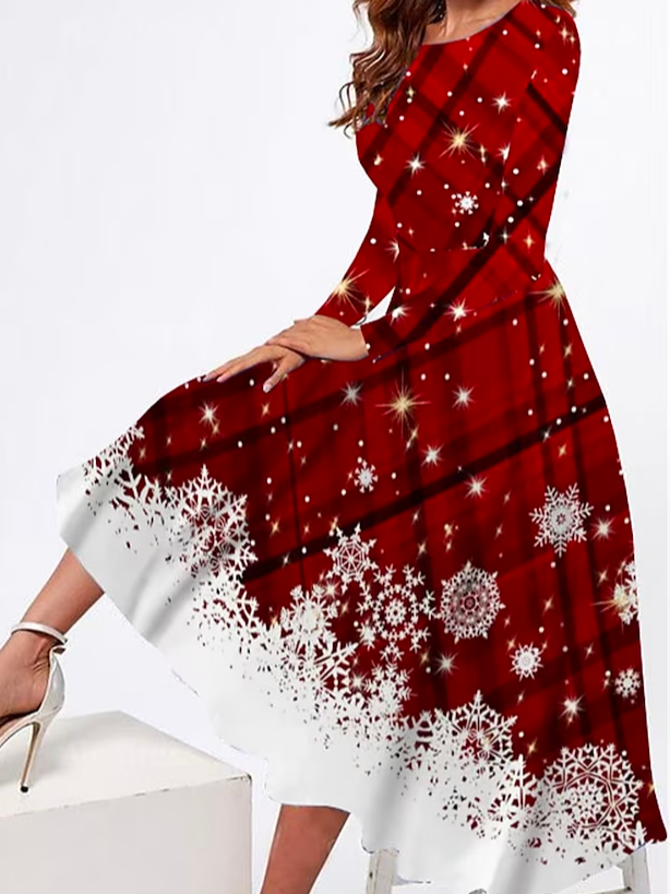 Loose Christmas Casual Crew Neck Plaid Dress
