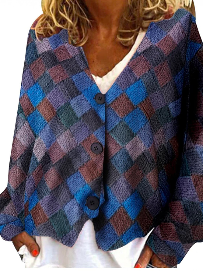 Color Block V Neck Buttoned Casual Cardigan