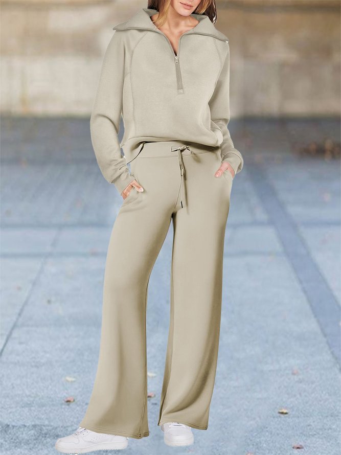 Half Open Collar Loose Casual Plain Two-Piece Set