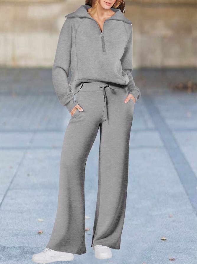 Half Open Collar Loose Casual Plain Two-Piece Set