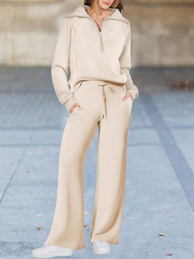 Half Open Collar Loose Casual Plain Two-Piece Set