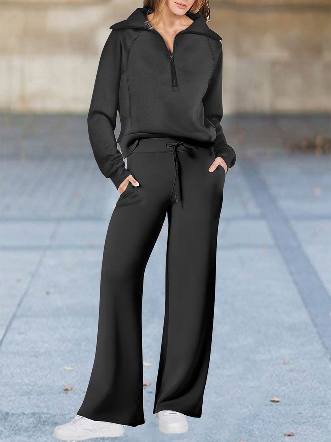 Half Open Collar Loose Casual Plain Two-Piece Set