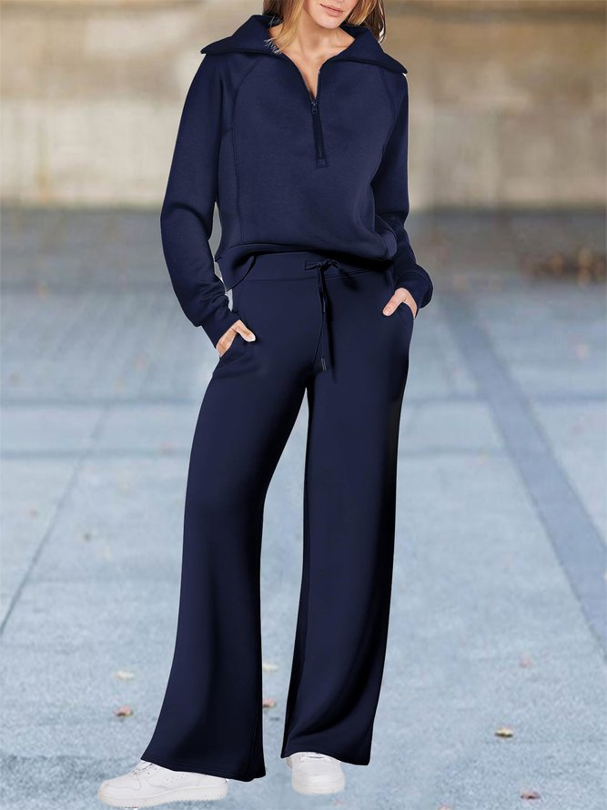 Half Open Collar Loose Casual Plain Two-Piece Set