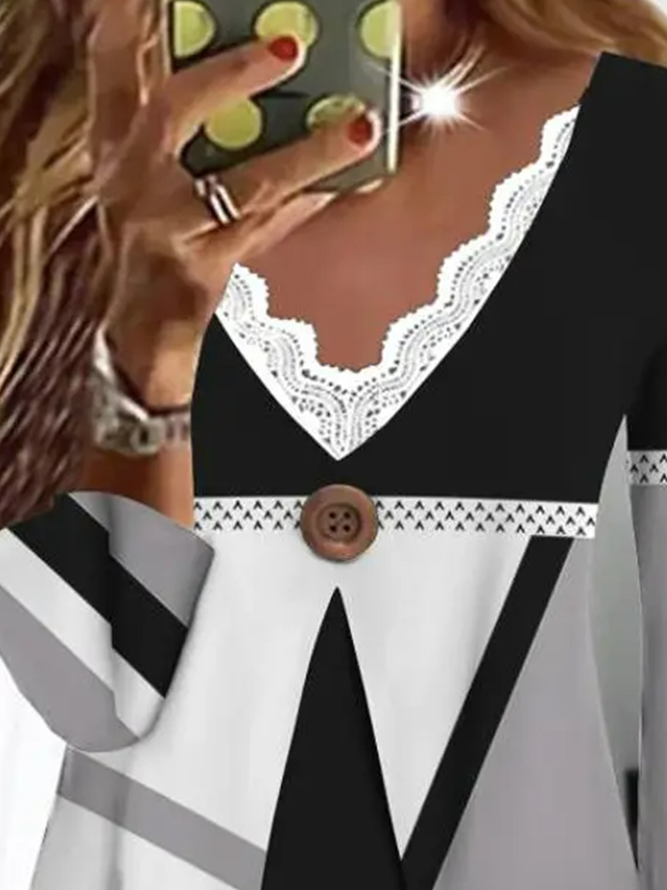 Abstract Graphic Loose Elegant Flare Sleeve V Neck Shirt