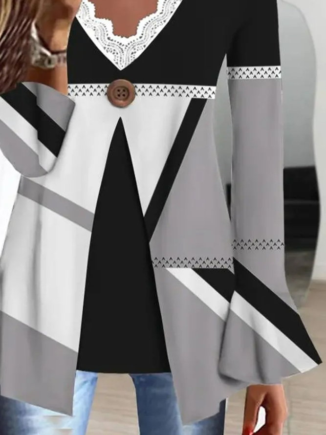 Abstract Graphic Loose Elegant Flare Sleeve V Neck Shirt