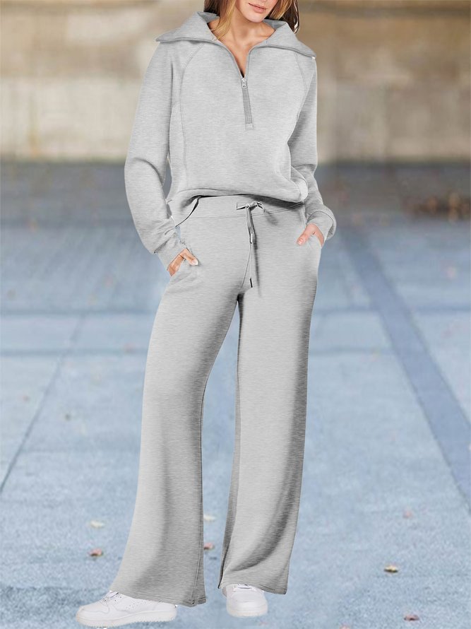 Half Open Collar Loose Casual Plain Two-Piece Set