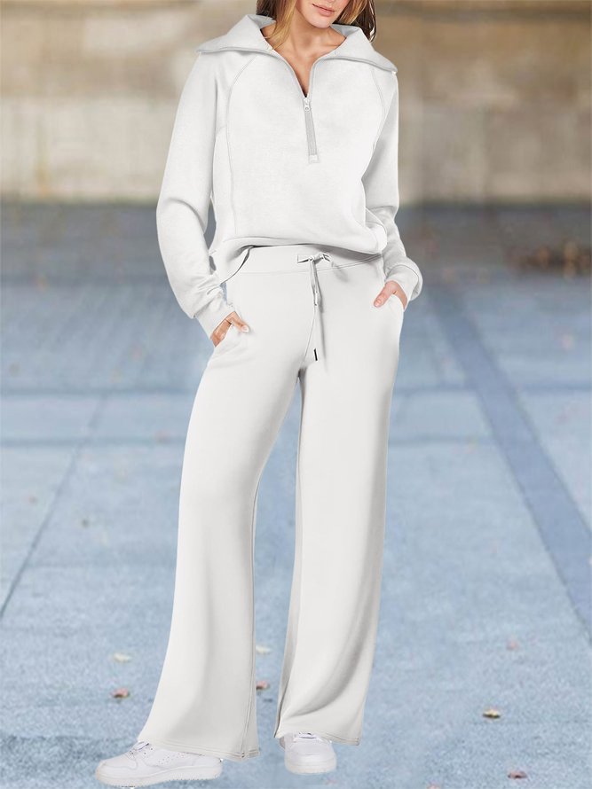 Half Open Collar Loose Casual Plain Two-Piece Set