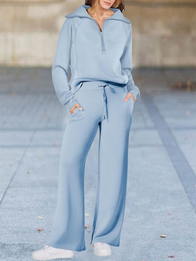 Half Open Collar Loose Casual Plain Two-Piece Set