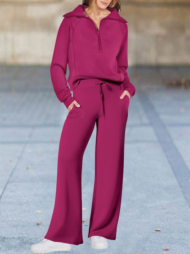 Half Open Collar Loose Casual Plain Two-Piece Set