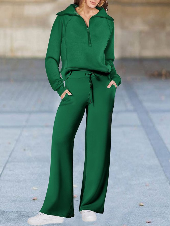 Half Open Collar Loose Casual Plain Two-Piece Set