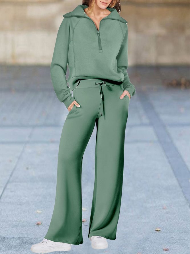 Half Open Collar Loose Casual Plain Two-Piece Set