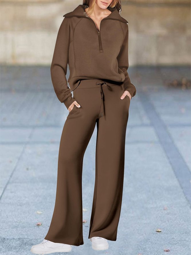 Half Open Collar Loose Casual Plain Two-Piece Set
