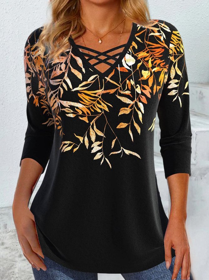 V Neck Casual Floral T-Shirt