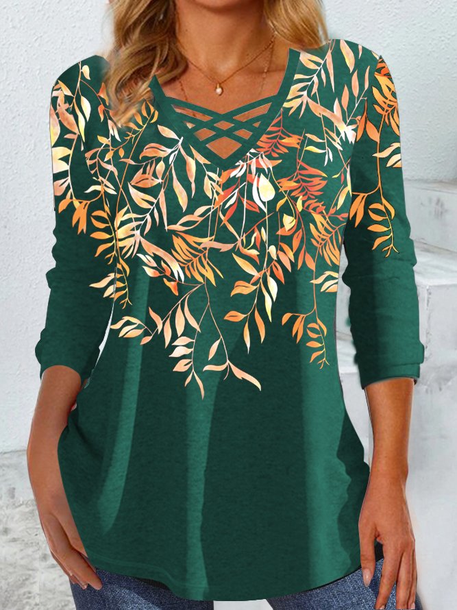 V Neck Casual Floral T-Shirt
