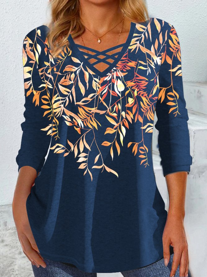 V Neck Casual Floral T-Shirt