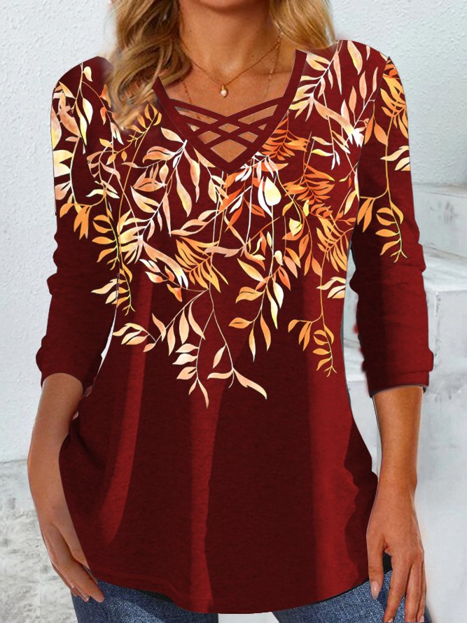 V Neck Casual Floral T-Shirt