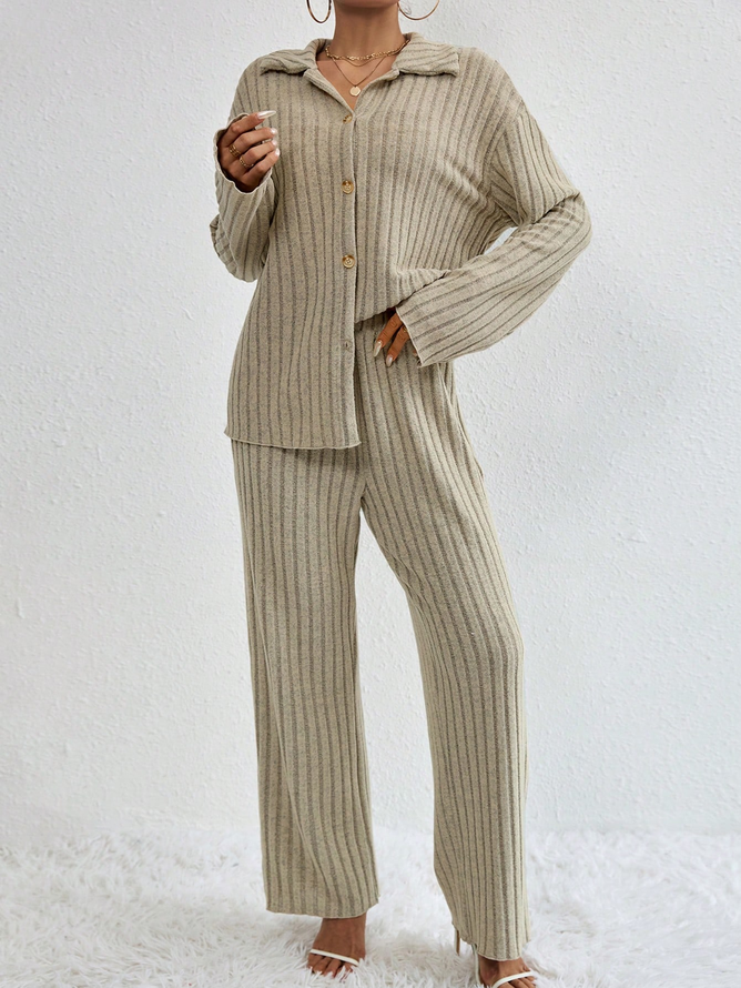 Loose Casual Drop Shoulder Button Front Top & Pants Two-Piece Set