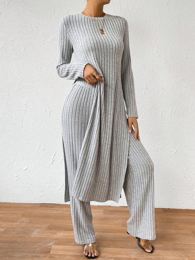 Loose Plain Crew Neck Casual Ribbed Knit Split Hem Tee & Pants Two-Piece Set