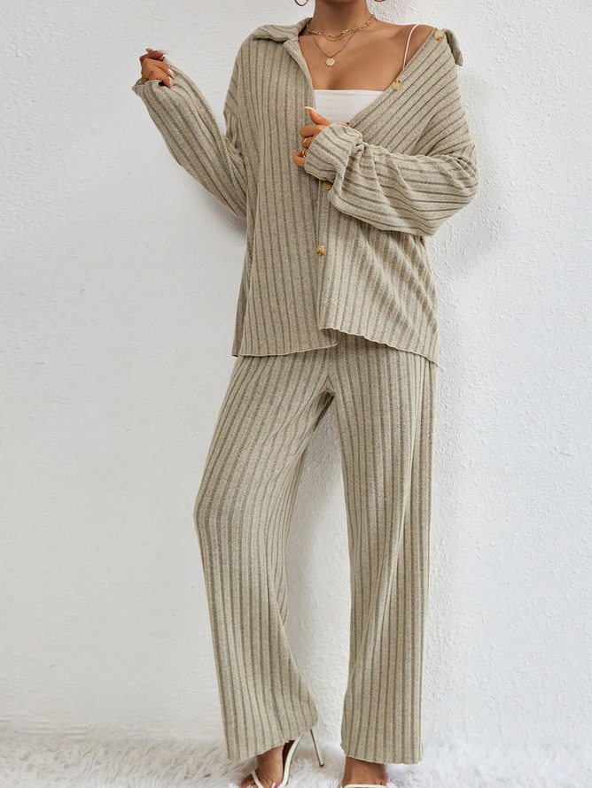 Loose Casual Drop Shoulder Button Front Top & Pants Two-Piece Set