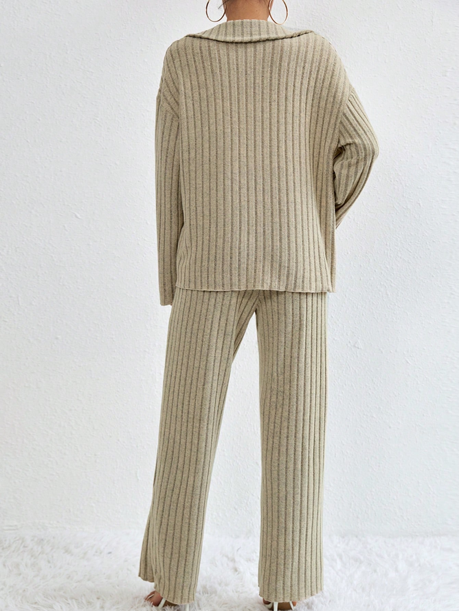 Loose Casual Drop Shoulder Button Front Top & Pants Two-Piece Set