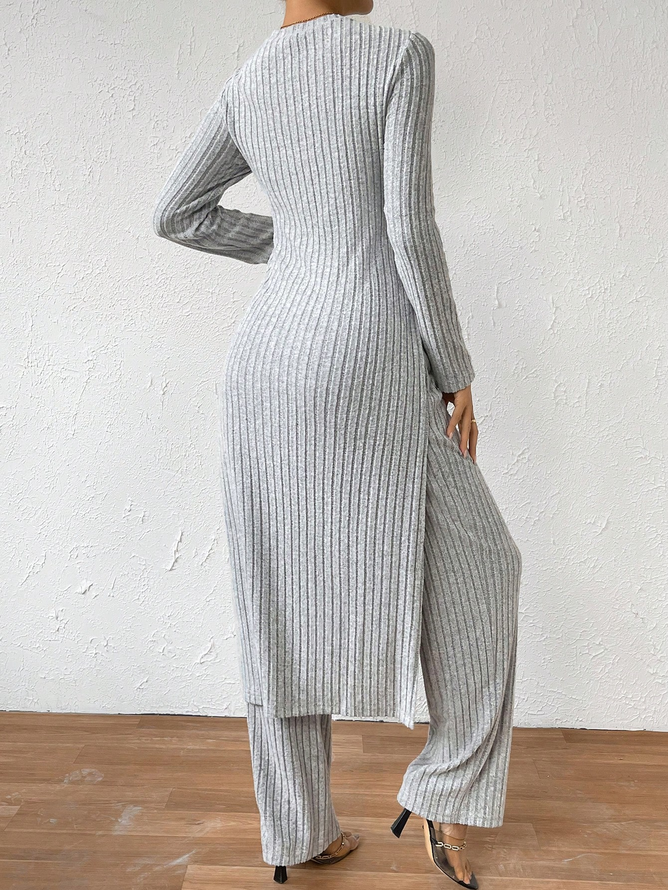 Loose Plain Crew Neck Casual Ribbed Knit Split Hem Tee & Pants Two-Piece Set