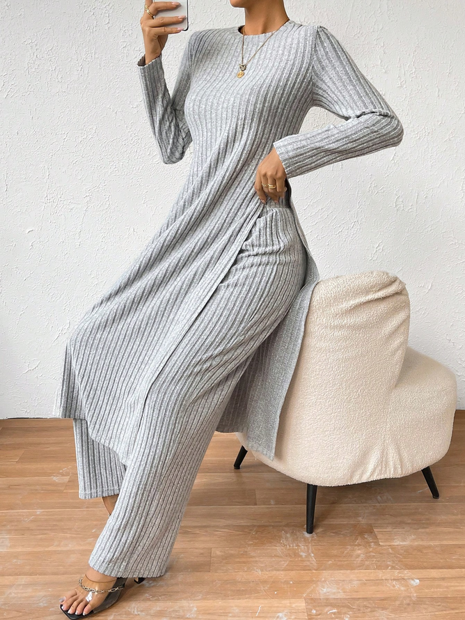 Loose Plain Crew Neck Casual Ribbed Knit Split Hem Tee & Pants Two-Piece Set